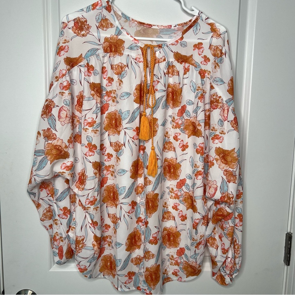 Bright Floral Women's Top Coverup - Orange and White Size Medium Tassels